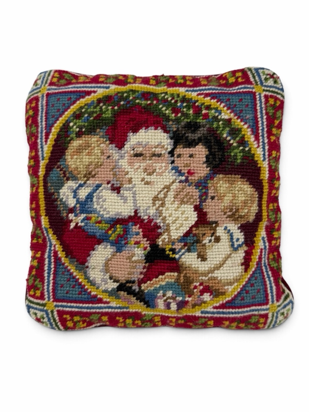 Vintage Santa with Children Needlepoint Pillow Holiday Christmas Decor